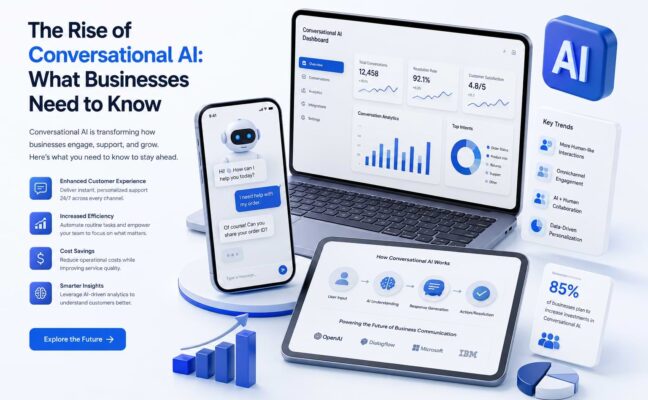 3D illustration of conversational AI in business featuring a chatbot interface, analytics dashboard, AI-powered customer support, business intelligence tools, and digital transformation metrics in a modern blue-and-white technology environment.